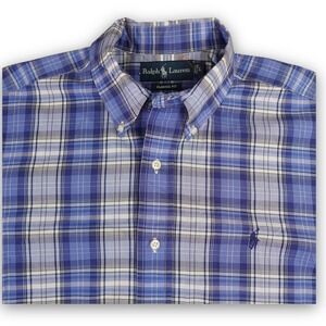 VTG Ralph Lauren Shirt‎ Mens Large Blue Plaid Pony Hit Short Sleeve Preppy Boat